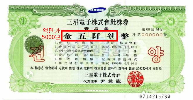 삼성전자 종이 주식 | 액면가 5000원, 발행 1999년